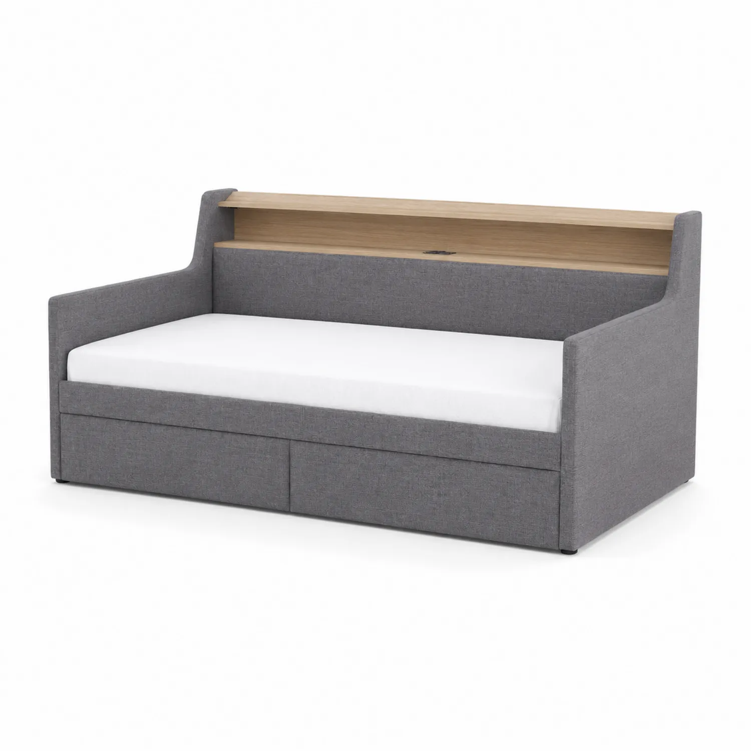 Divano letto in tessuto grigio con scaffale in legno MDF