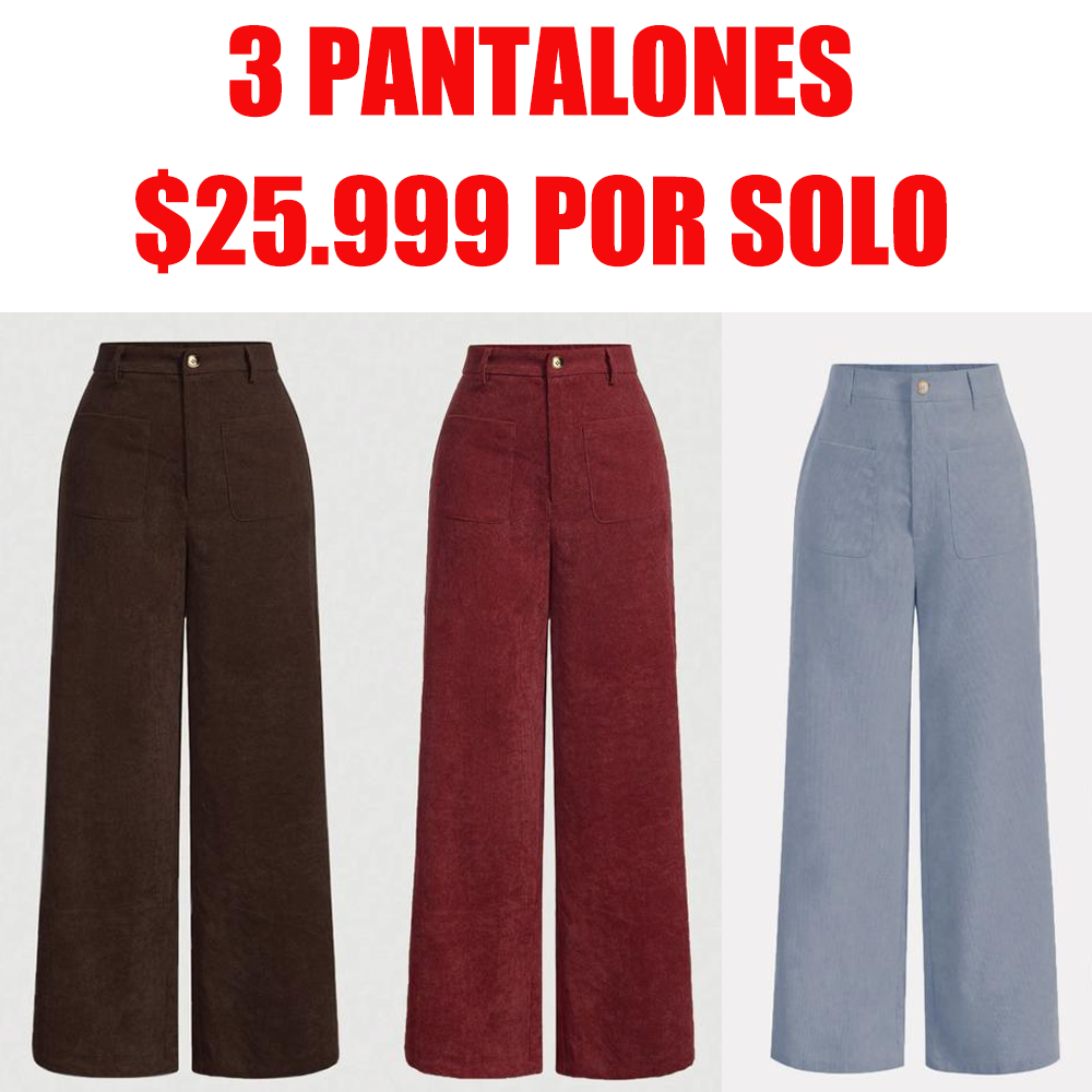Pantalones de mujer lisos con bolsillos y botones en la parte delantera, de pierna ancha