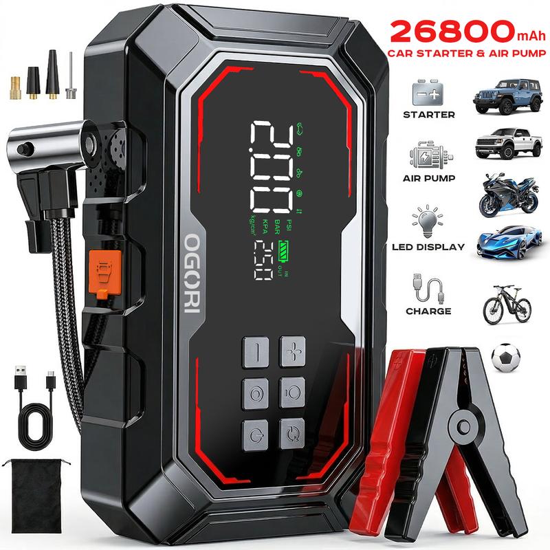 Arrancador de Batería con Compresor de Aire, 26800mAh, 150 PSI, Arrancador Portátil (Compatible con Motores de Gasolina y Diésel 12.0L), Arrancador de Batería para Auto 12V con Cables Inteligentes, Luz LED y Pantalla LCD