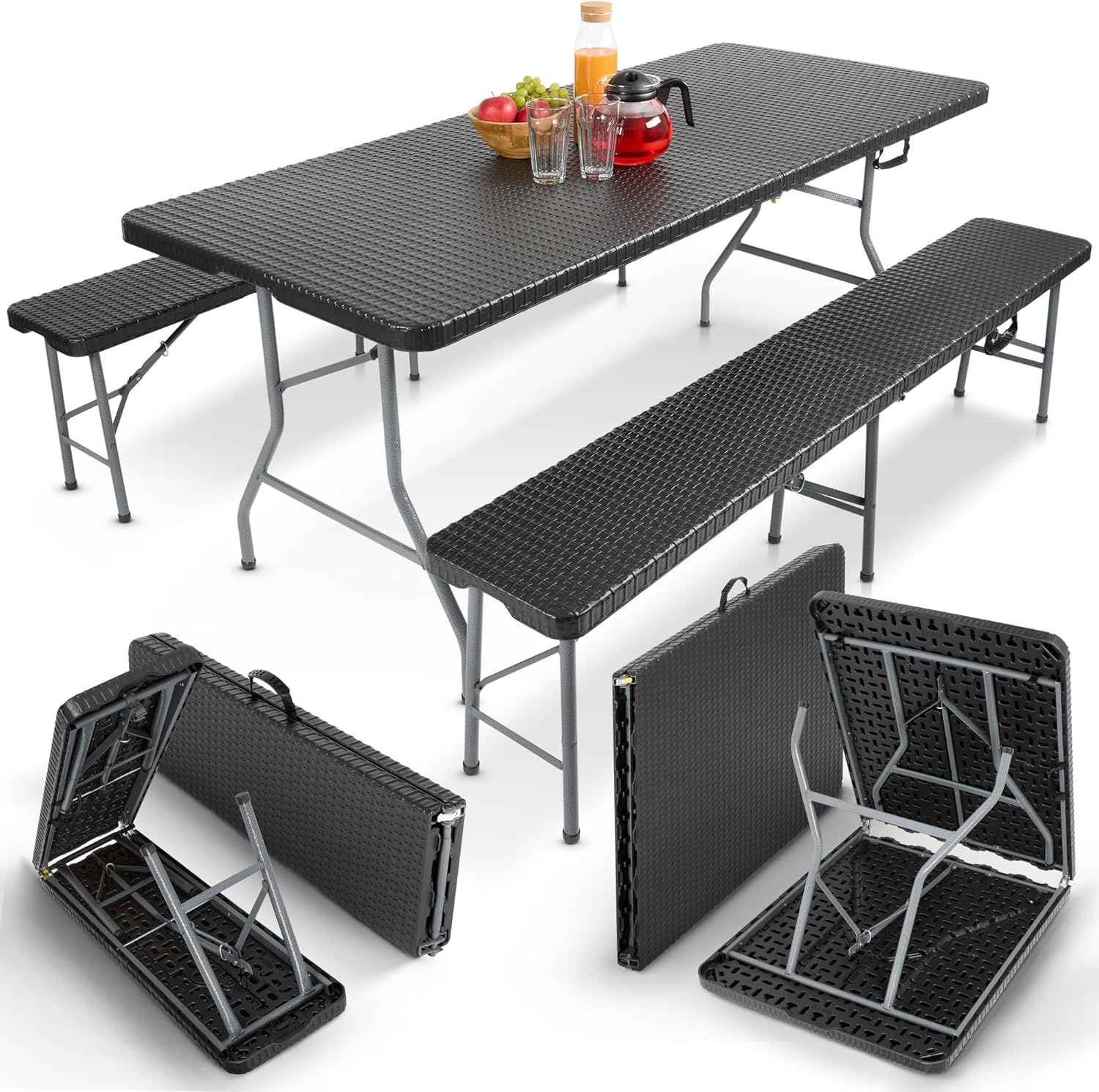 Juego de mesa y bancos plegables para acampada, 180 cm, de polirratán de HDPE, para 8 personas