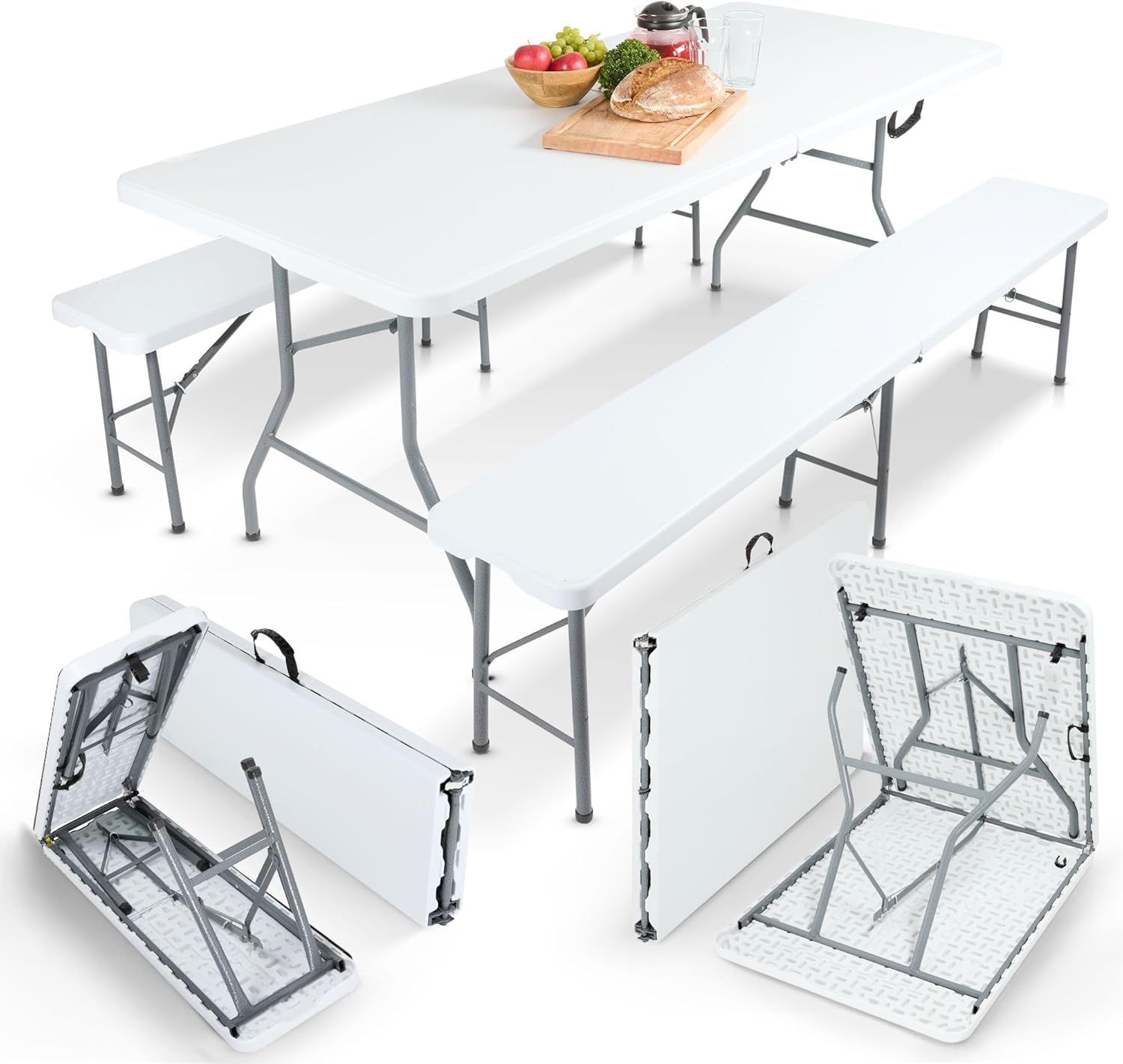 Juego de mesa y bancos plegables para acampada, 180 cm, de polirratán de HDPE, para 8 personas