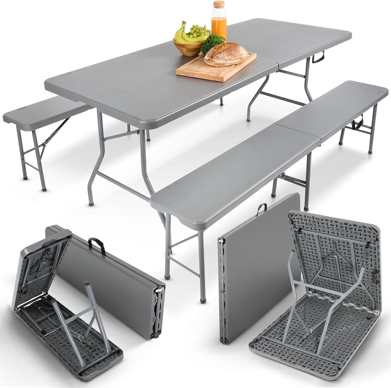 Juego de mesa y bancos plegables para acampada, 180 cm, de polirratán de HDPE, para 8 personas