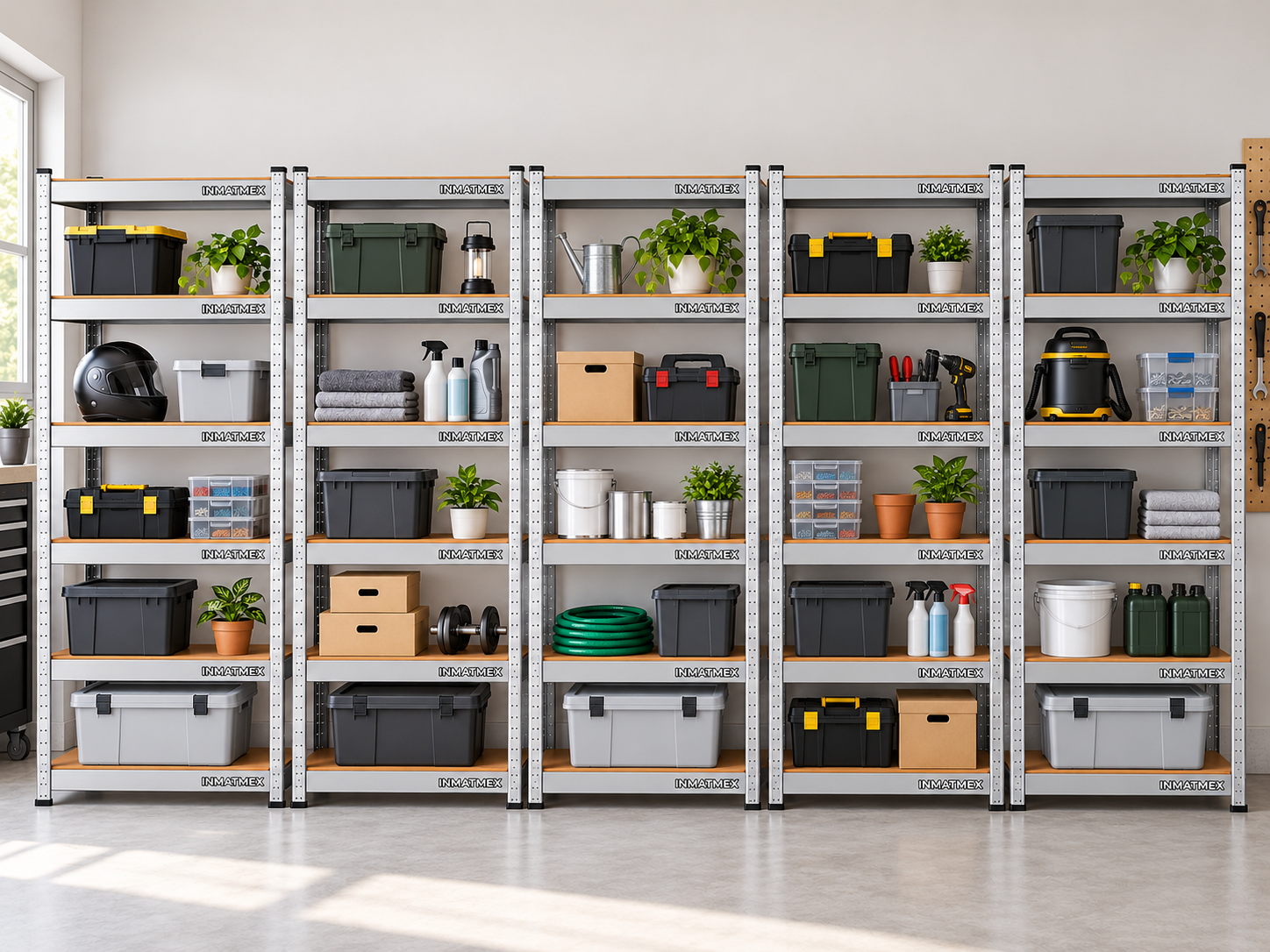 Rack Organizador INMATMEX de 5 Niveles, Ajustable y Modular, Metal Cromado y MDF, Capacidad de 180 kg