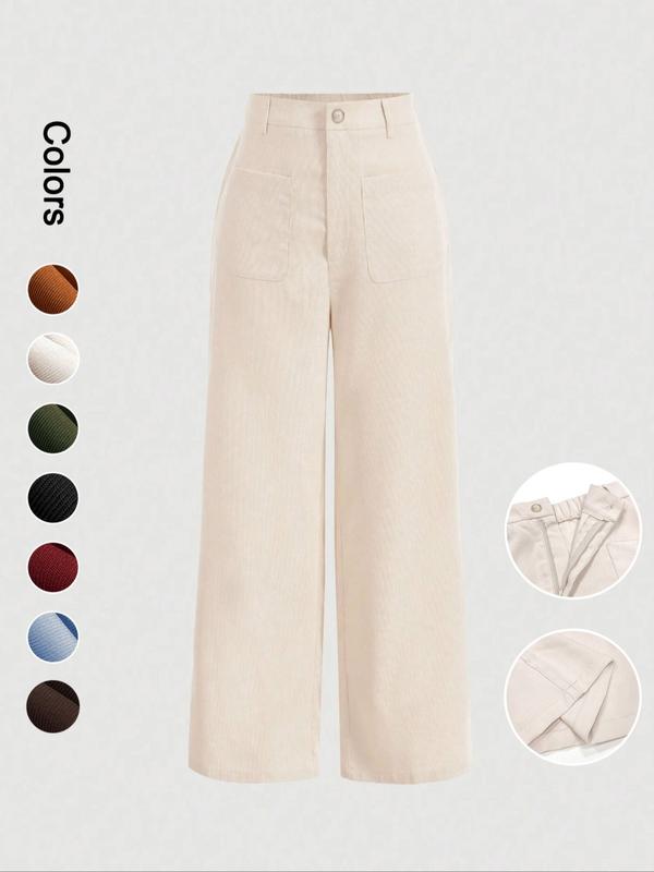 Pantalones de mujer lisos con bolsillos y botones en la parte delantera, de pierna ancha