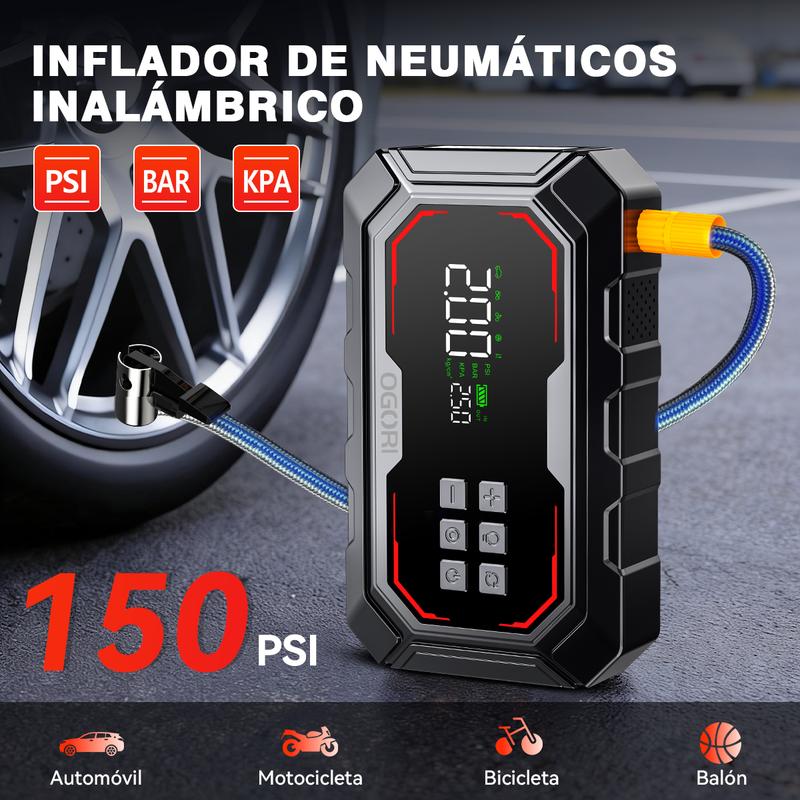 Arrancador de Batería con Compresor de Aire, 26800mAh, 150 PSI, Arrancador Portátil (Compatible con Motores de Gasolina y Diésel 12.0L), Arrancador de Batería para Auto 12V con Cables Inteligentes, Luz LED y Pantalla LCD
