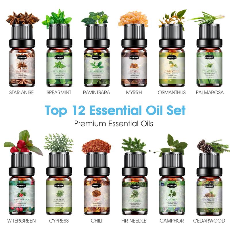 Difusor de aceites esenciales de 550 ml, con 12 aceites esenciales de 5 ml