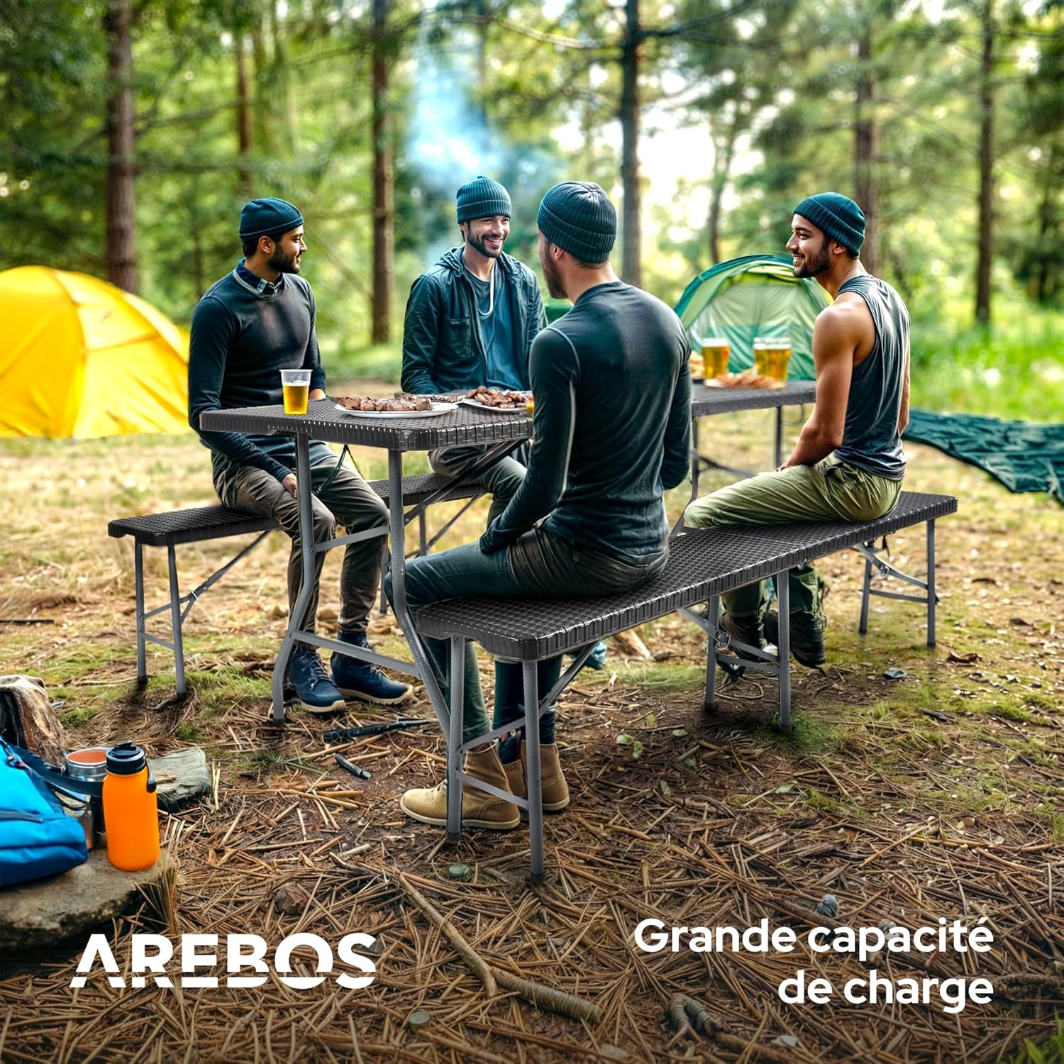 Juego de mesa y bancos plegables para acampada, 180 cm, de polirratán de HDPE, para 8 personas