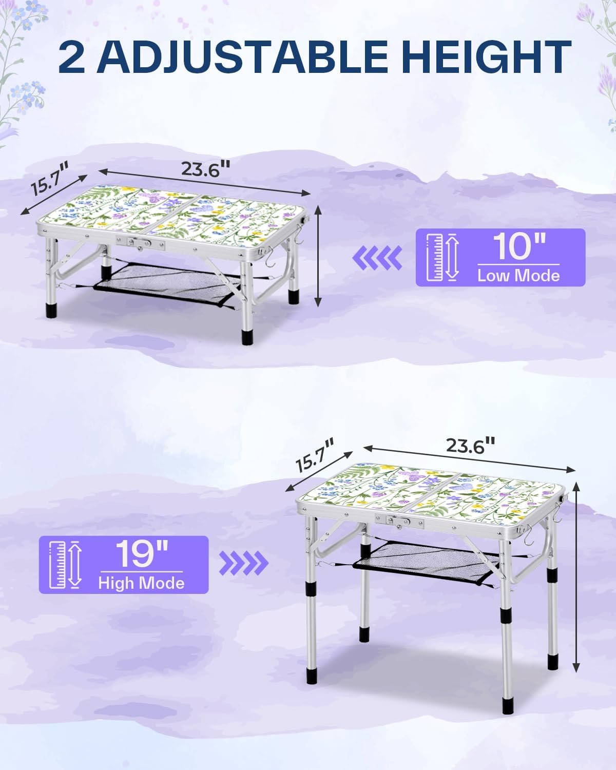 Mesa plegable Sportneer, altura ajustable, mesas de camping portátiles (60 cm de largo x 40 cm de ancho (2 alturas)) con capa de malla