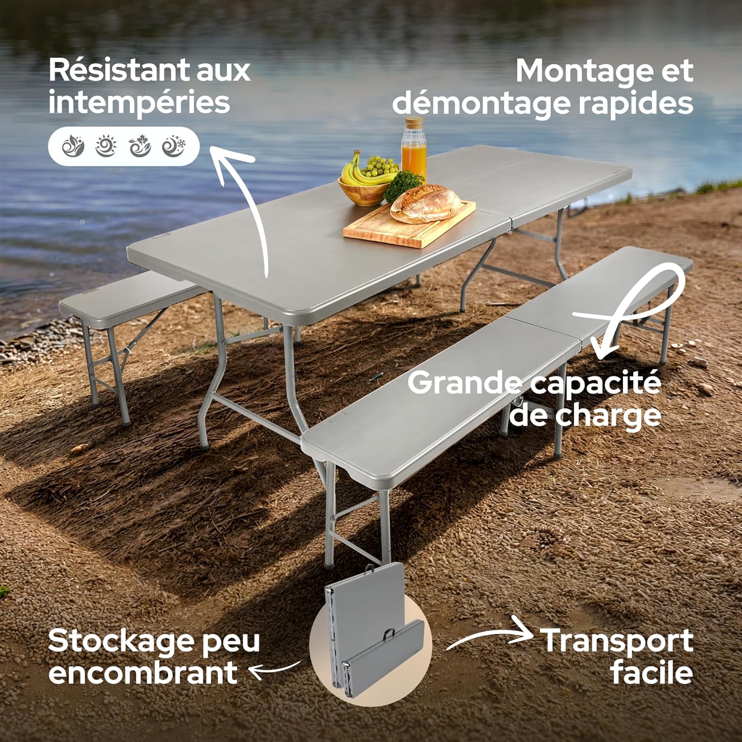 Juego de mesa y bancos plegables para acampada, 180 cm, de polirratán de HDPE, para 8 personas