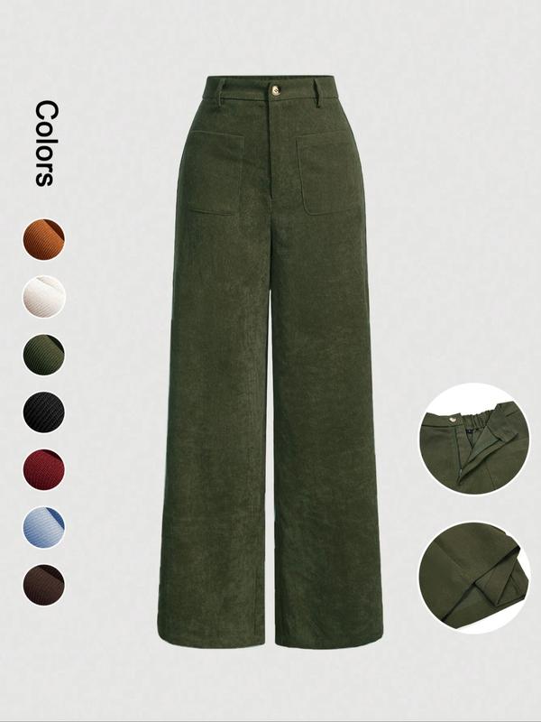 Pantalones de mujer lisos con bolsillos y botones en la parte delantera, de pierna ancha