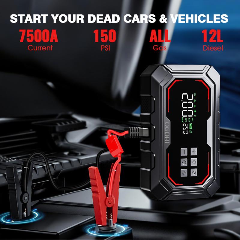Arrancador de Batería con Compresor de Aire, 26800mAh, 150 PSI, Arrancador Portátil (Compatible con Motores de Gasolina y Diésel 12.0L), Arrancador de Batería para Auto 12V con Cables Inteligentes, Luz LED y Pantalla LCD
