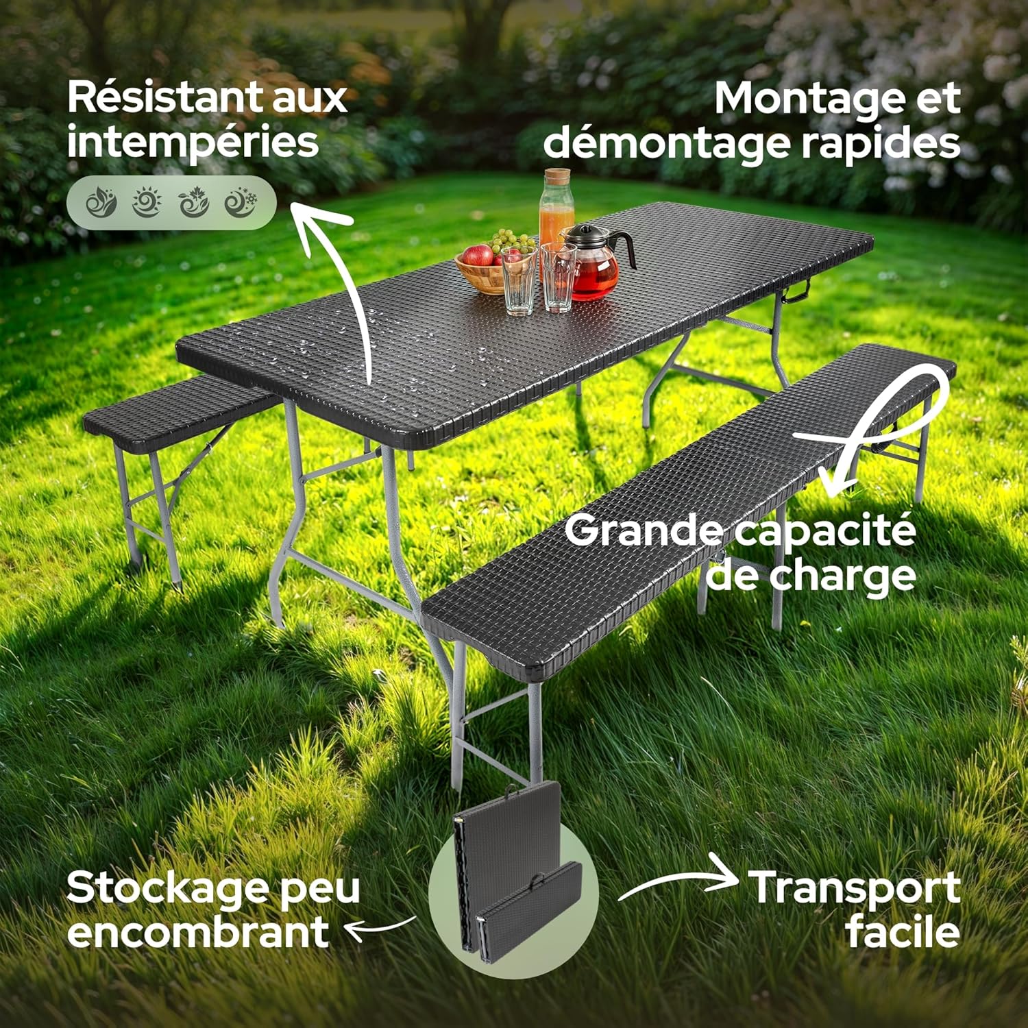 Juego de mesa y bancos plegables para acampada, 180 cm, de polirratán de HDPE, para 8 personas