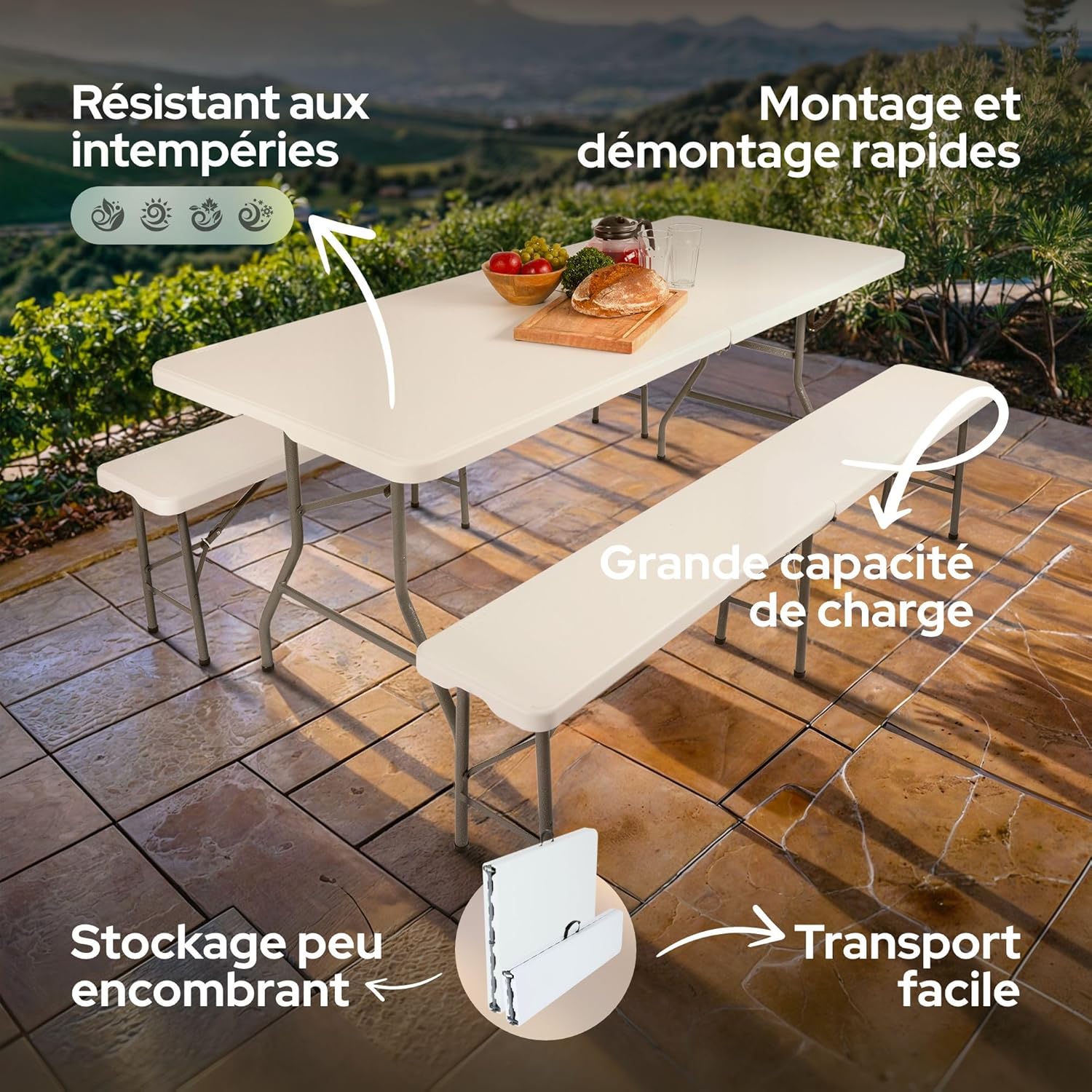 Juego de mesa y bancos plegables para acampada, 180 cm, de polirratán de HDPE, para 8 personas
