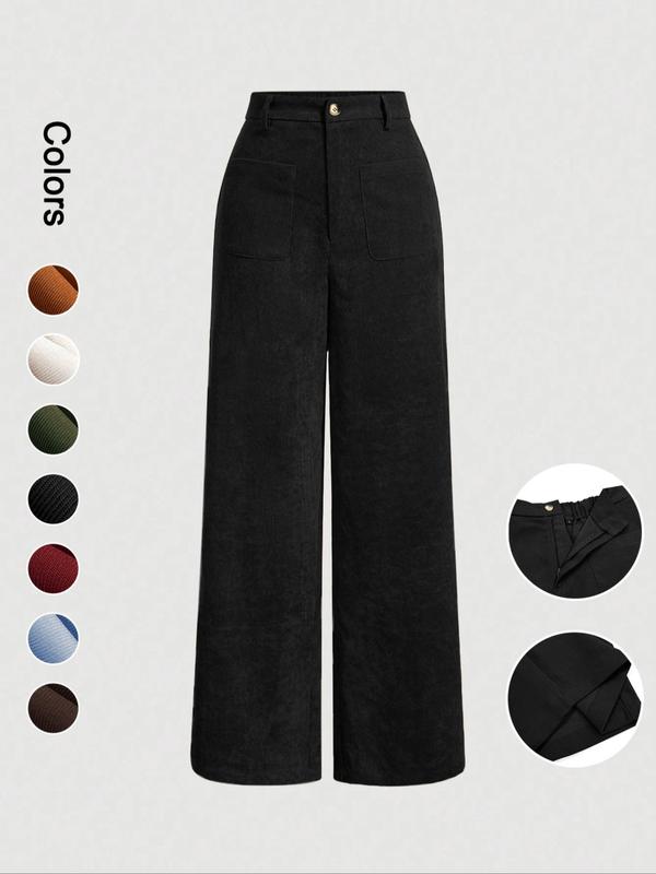 Pantalones de mujer lisos con bolsillos y botones en la parte delantera, de pierna ancha