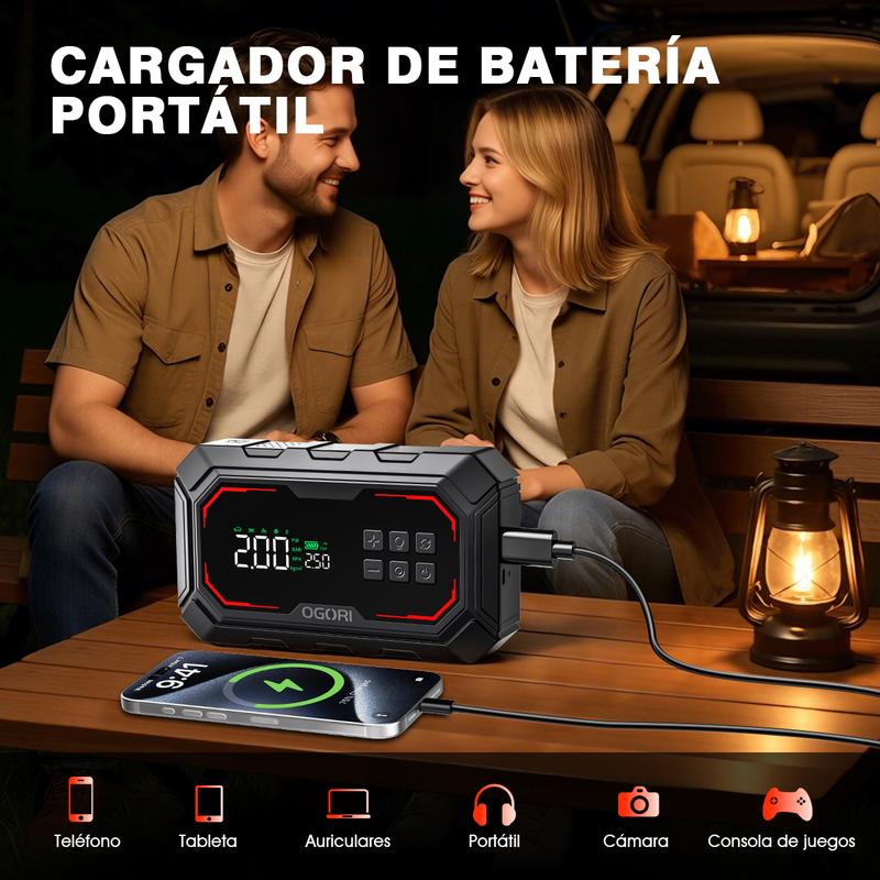 Arrancador de Batería con Compresor de Aire, 26800mAh, 150 PSI, Arrancador Portátil (Compatible con Motores de Gasolina y Diésel 12.0L), Arrancador de Batería para Auto 12V con Cables Inteligentes, Luz LED y Pantalla LCD