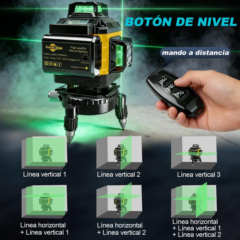 Nivel Láser 16 Líneas 360° Verde Autonivelante | Trípode + 2 Baterías 5000mAh + Control Remoto