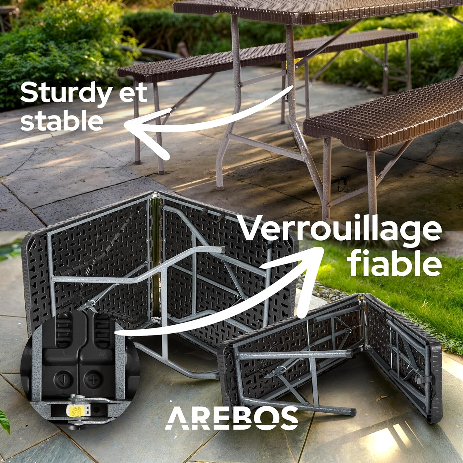 Juego de mesa y bancos plegables para acampada, 180 cm, de polirratán de HDPE, para 8 personas