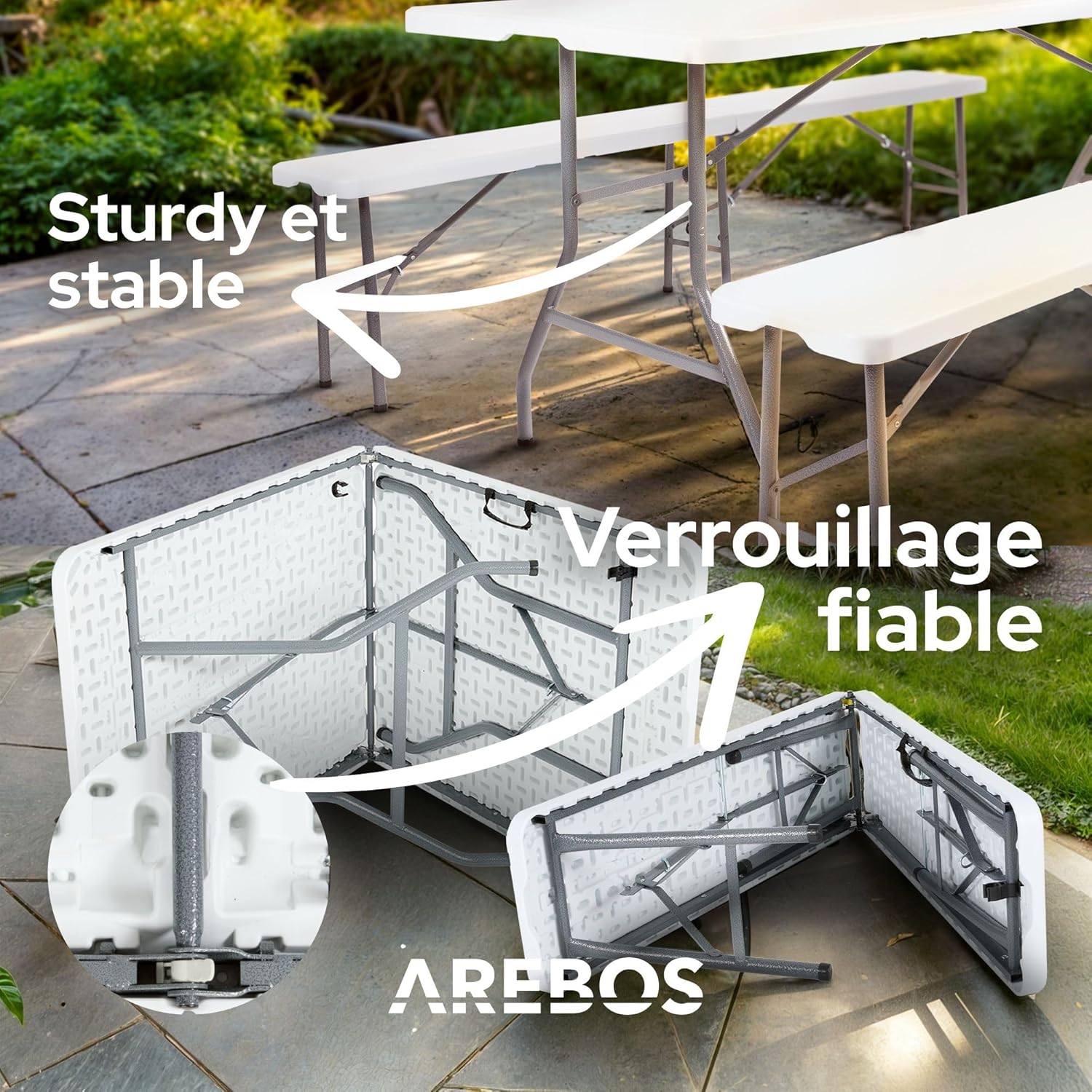 Juego de mesa y bancos plegables para acampada, 180 cm, de polirratán de HDPE, para 8 personas