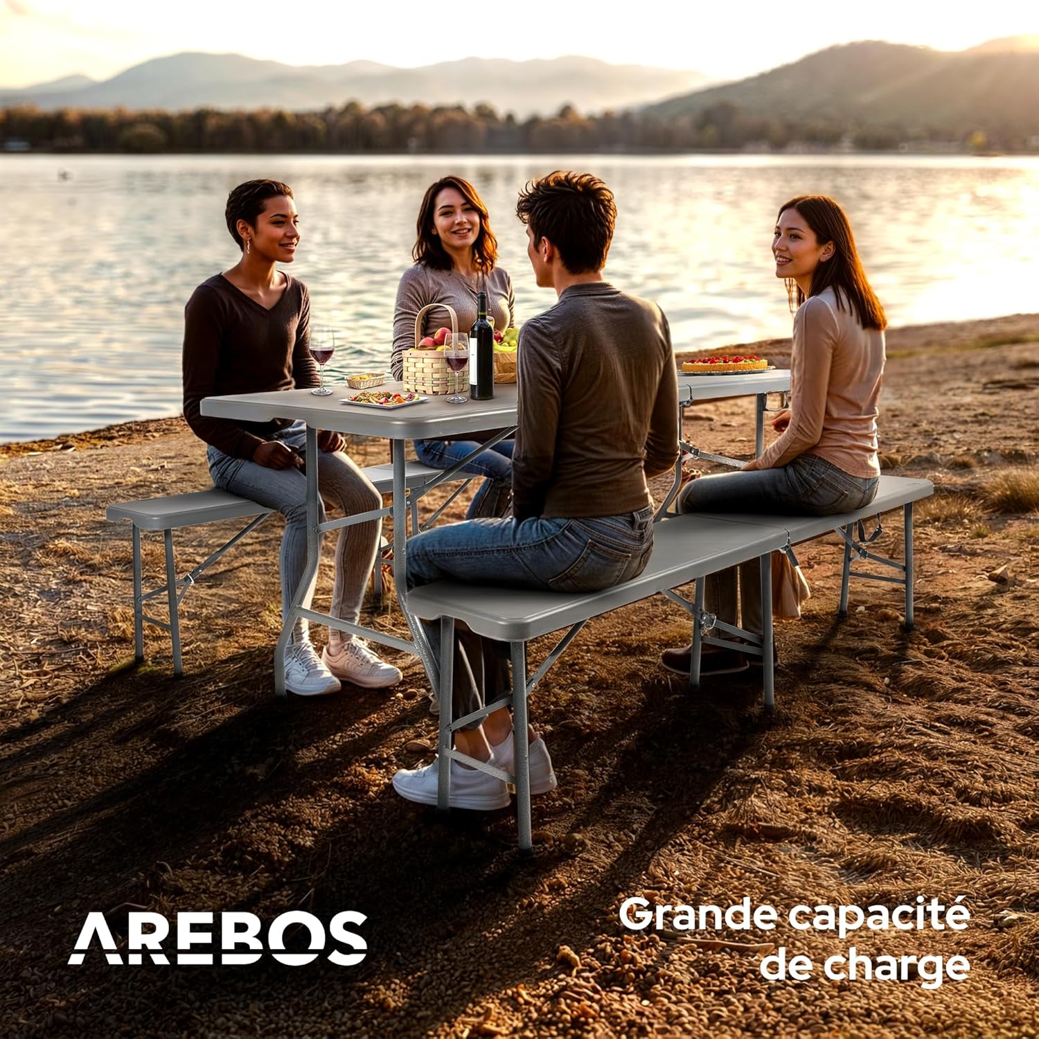 Juego de mesa y bancos plegables para acampada, 180 cm, de polirratán de HDPE, para 8 personas