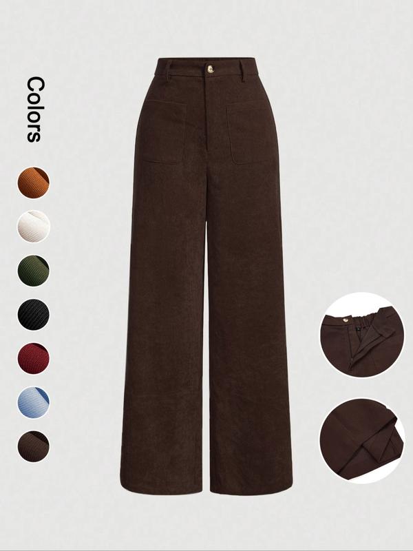 Pantalones de mujer lisos con bolsillos y botones en la parte delantera, de pierna ancha