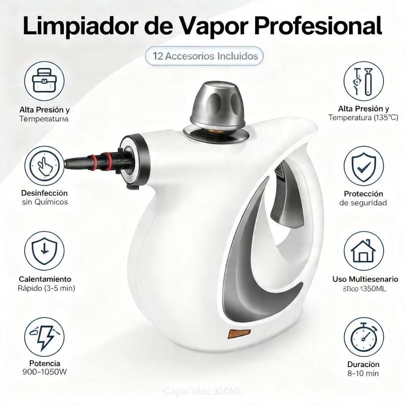 Limpiador a Vapor Portátil con 12 Accesorios para Limpieza Profunda en Cocina Baño Hogar y Automóvil