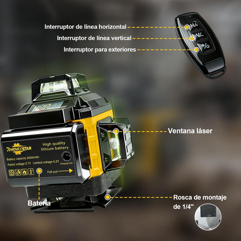 Nivel Láser 16 Líneas 360° Verde Autonivelante | Trípode + 2 Baterías 5000mAh + Control Remoto