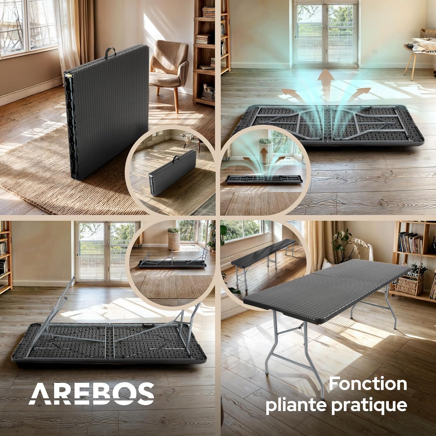 Juego de mesa y bancos plegables para acampada, 180 cm, de polirratán de HDPE, para 8 personas