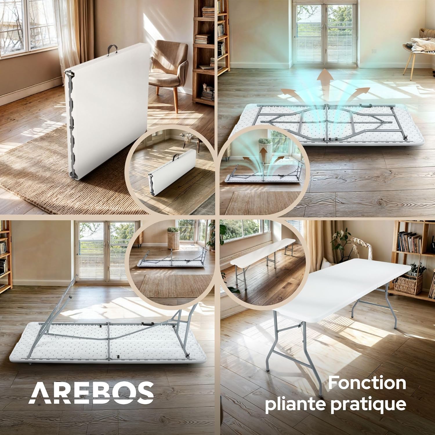 Juego de mesa y bancos plegables para acampada, 180 cm, de polirratán de HDPE, para 8 personas