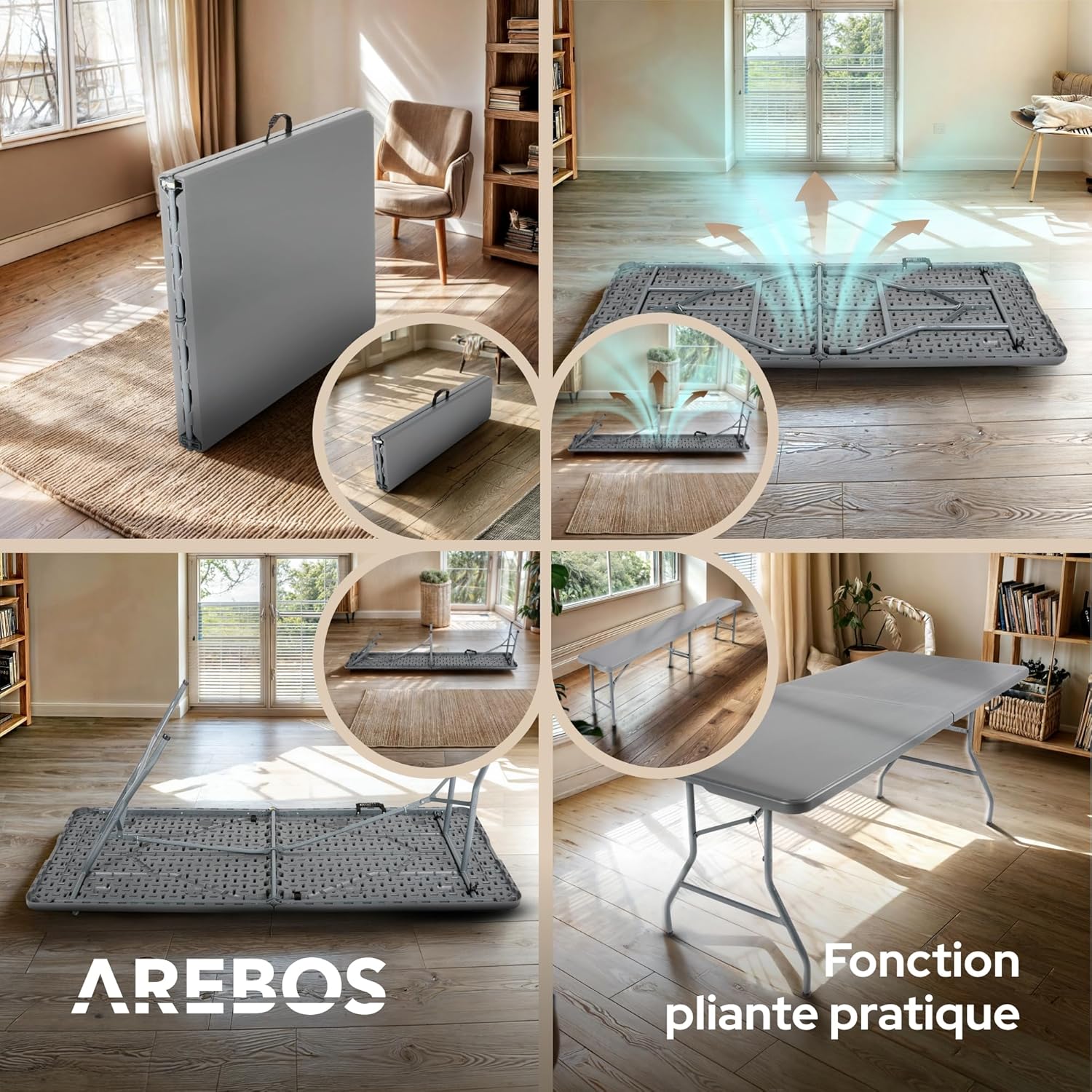 Juego de mesa y bancos plegables para acampada, 180 cm, de polirratán de HDPE, para 8 personas