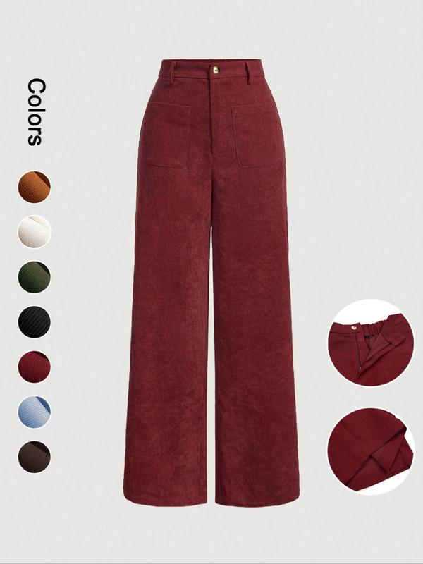 Pantalones de mujer lisos con bolsillos y botones en la parte delantera, de pierna ancha