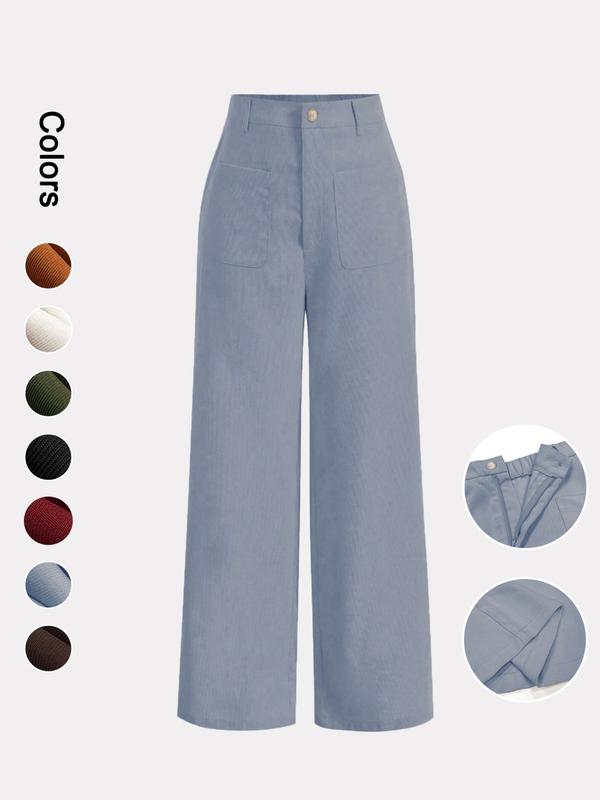 Pantalones de mujer lisos con bolsillos y botones en la parte delantera, de pierna ancha