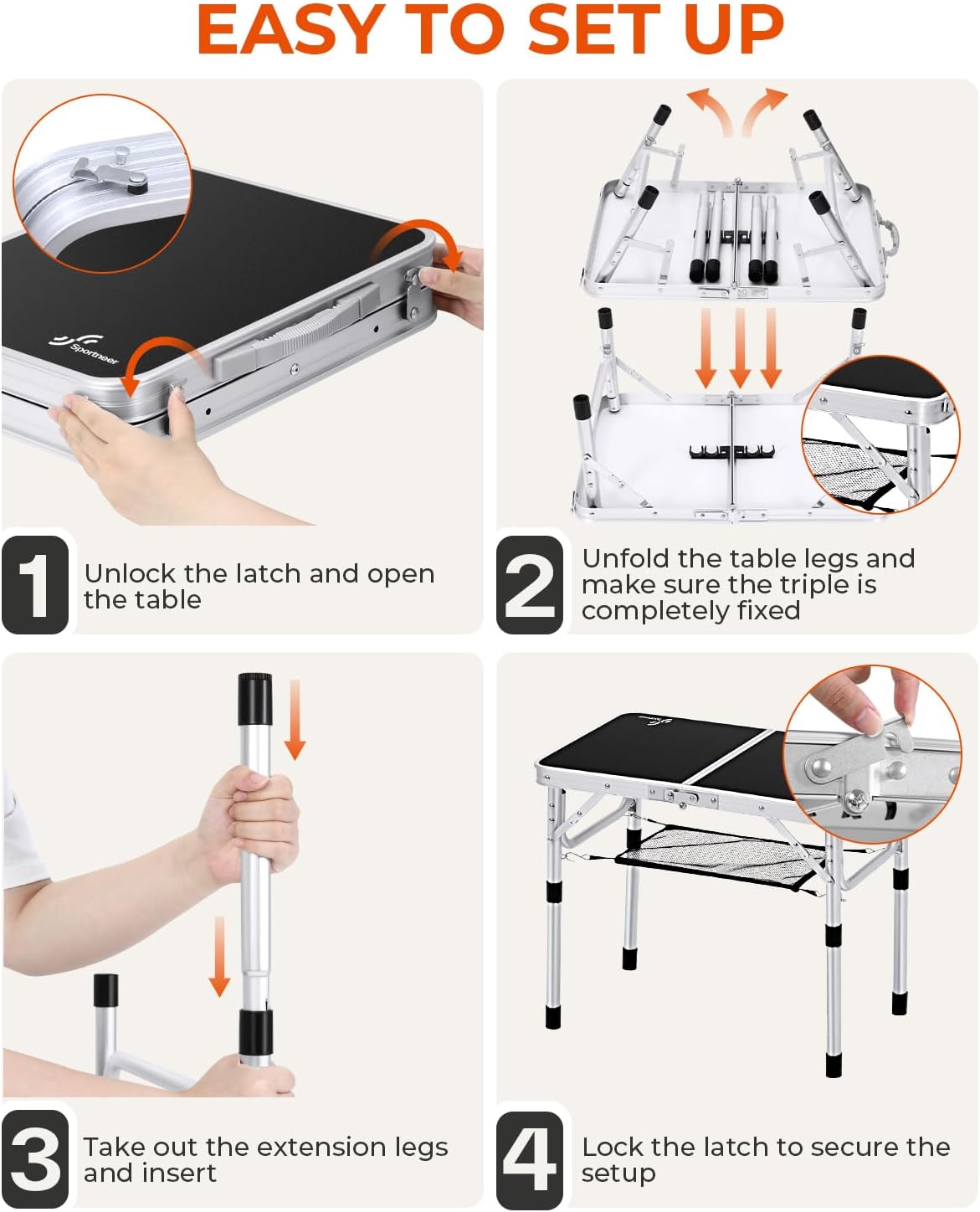 Mesa plegable Sportneer, altura ajustable, mesas de camping portátiles (60 cm de largo x 40 cm de ancho (2 alturas)) con capa de malla