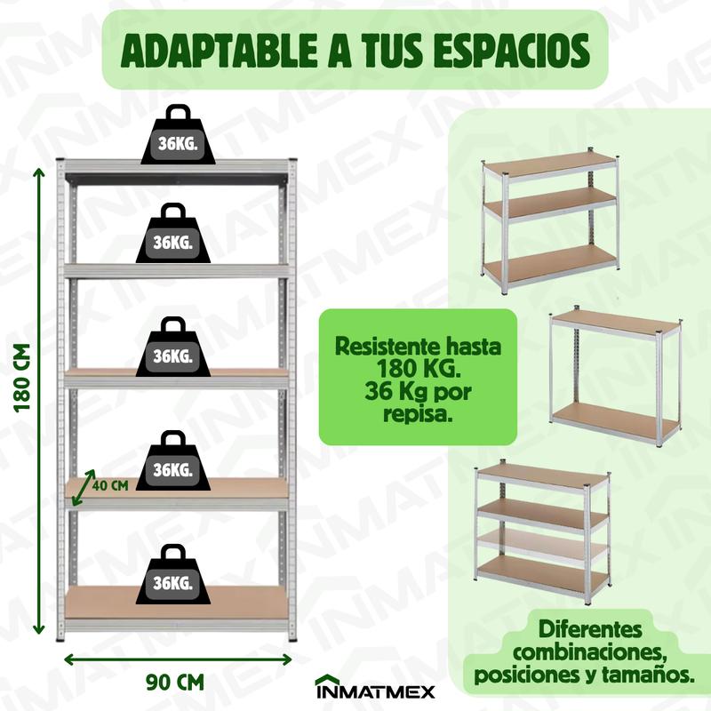 Rack Organizador INMATMEX de 5 Niveles, Ajustable y Modular, Metal Cromado y MDF, Capacidad de 180 kg