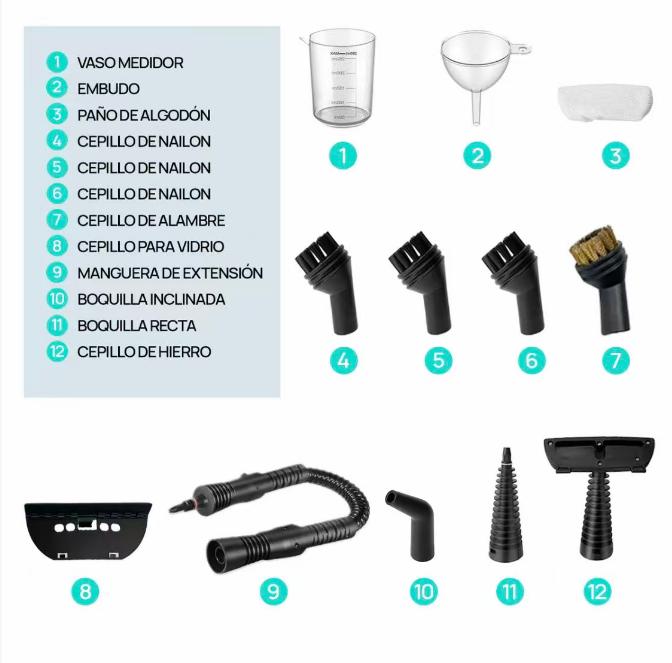 Limpiador a Vapor Portátil con 12 Accesorios para Limpieza Profunda en Cocina Baño Hogar y Automóvil
