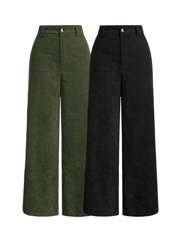 Pantalones de mujer lisos con bolsillos y botones en la parte delantera, de pierna ancha