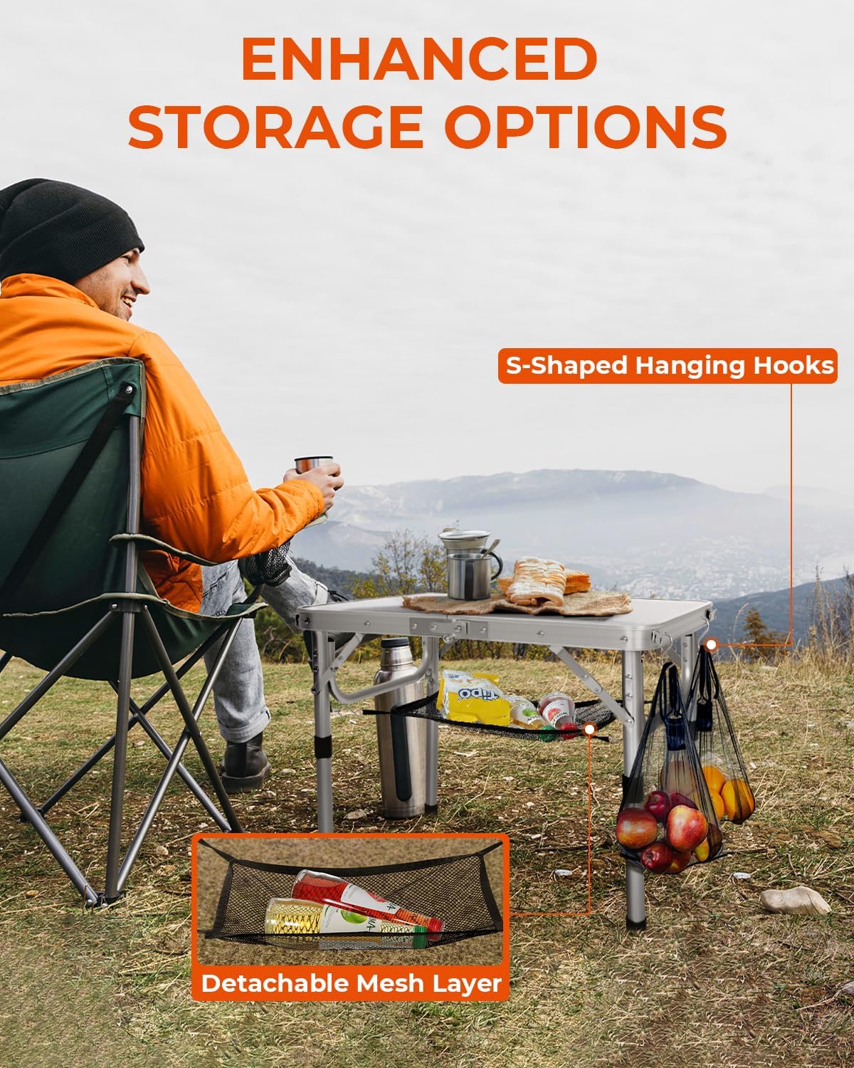 Mesa plegable Sportneer, altura ajustable, mesas de camping portátiles (60 cm de largo x 40 cm de ancho (2 alturas)) con capa de malla