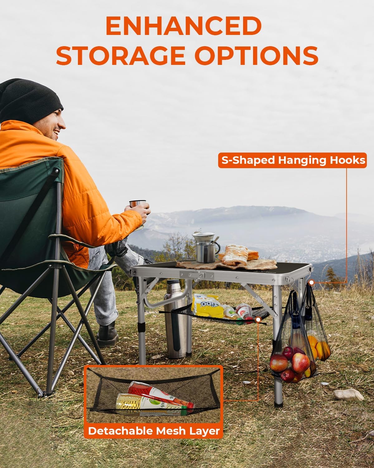 Mesa plegable Sportneer, altura ajustable, mesas de camping portátiles (60 cm de largo x 40 cm de ancho (2 alturas)) con capa de malla