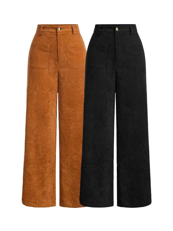 Pantalones de mujer lisos con bolsillos y botones en la parte delantera, de pierna ancha