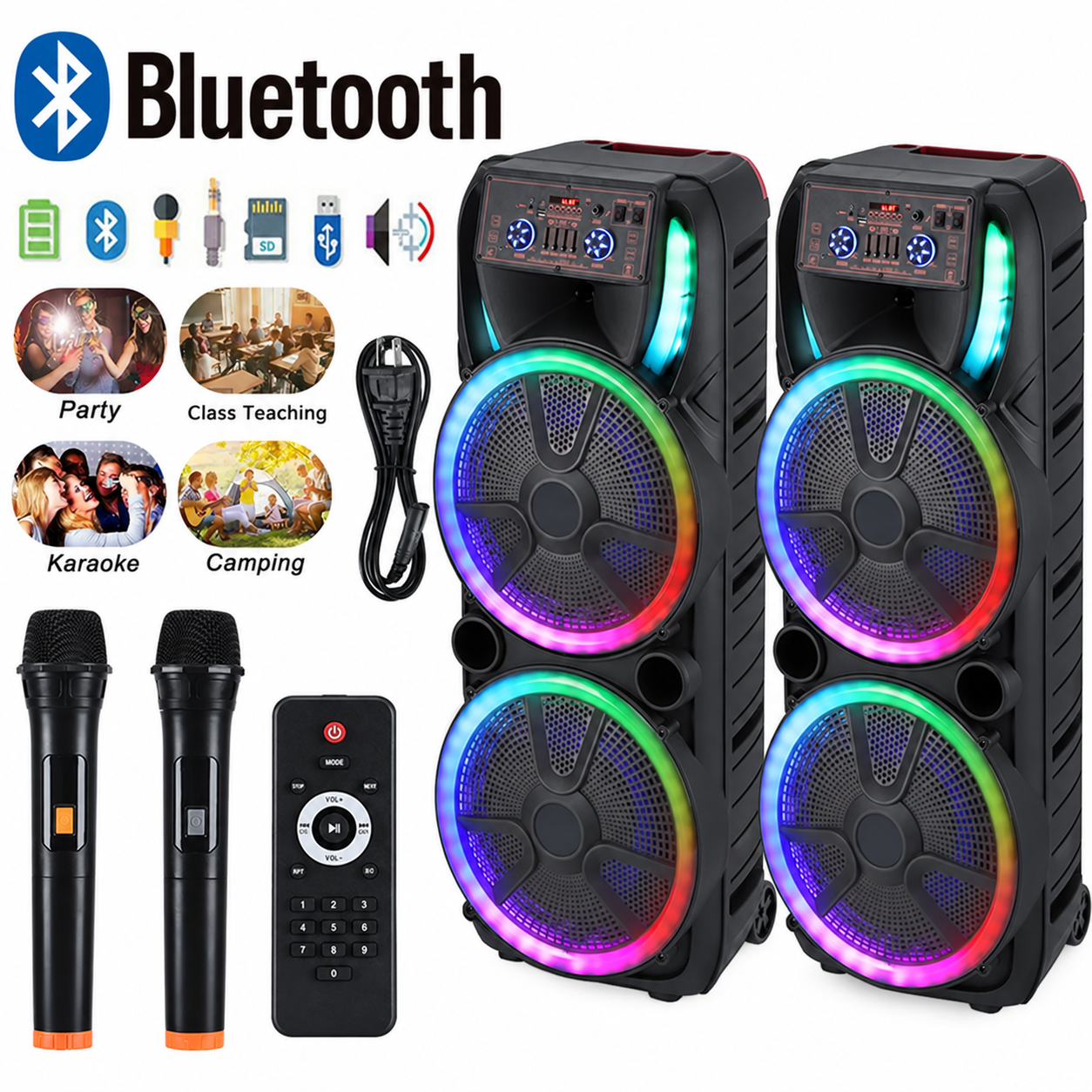 Sistema de altavoces PA portátil con Bluetooth, alta potencia, doble woofer de 15" y tweeter de 1.5"; inalámbrico y recargable, incluye dos micrófonos inalámbricos, control remoto, luces LED de fiesta multicolor y sonido estéreo (SoundBox DJ).