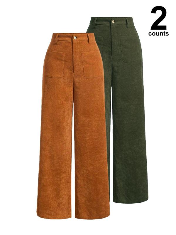 Pantalones de mujer lisos con bolsillos y botones en la parte delantera, de pierna ancha