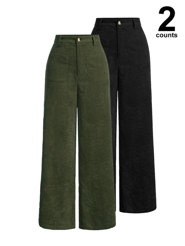 Pantalones de mujer lisos con bolsillos y botones en la parte delantera, de pierna ancha
