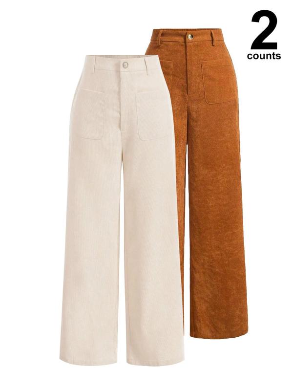 Pantalones de mujer lisos con bolsillos y botones en la parte delantera, de pierna ancha