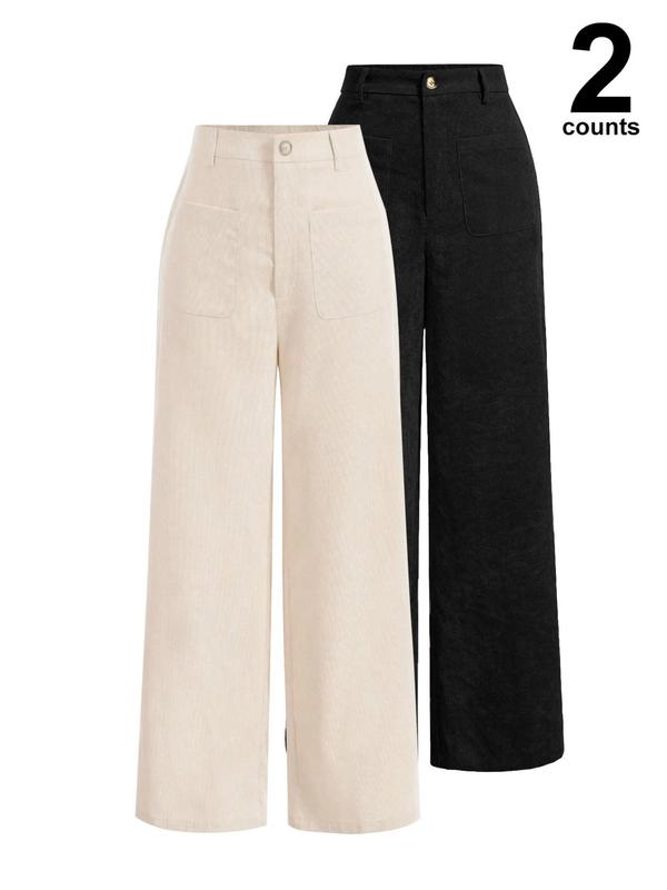 Pantalones de mujer lisos con bolsillos y botones en la parte delantera, de pierna ancha