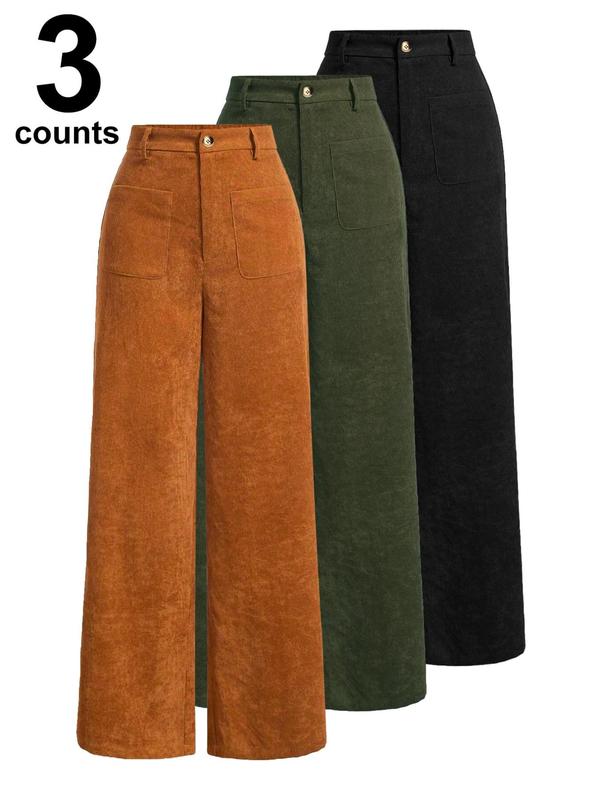 Pantalones de mujer lisos con bolsillos y botones en la parte delantera, de pierna ancha