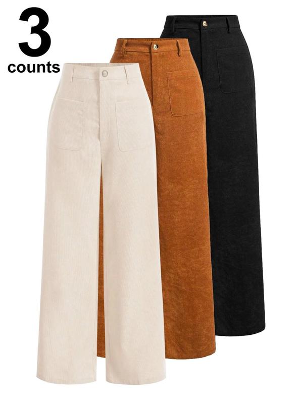 Pantalones de mujer lisos con bolsillos y botones en la parte delantera, de pierna ancha