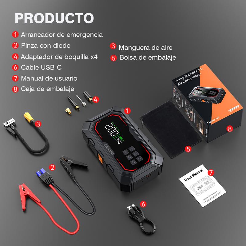 Arrancador de Batería con Compresor de Aire, 26800mAh, 150 PSI, Arrancador Portátil (Compatible con Motores de Gasolina y Diésel 12.0L), Arrancador de Batería para Auto 12V con Cables Inteligentes, Luz LED y Pantalla LCD