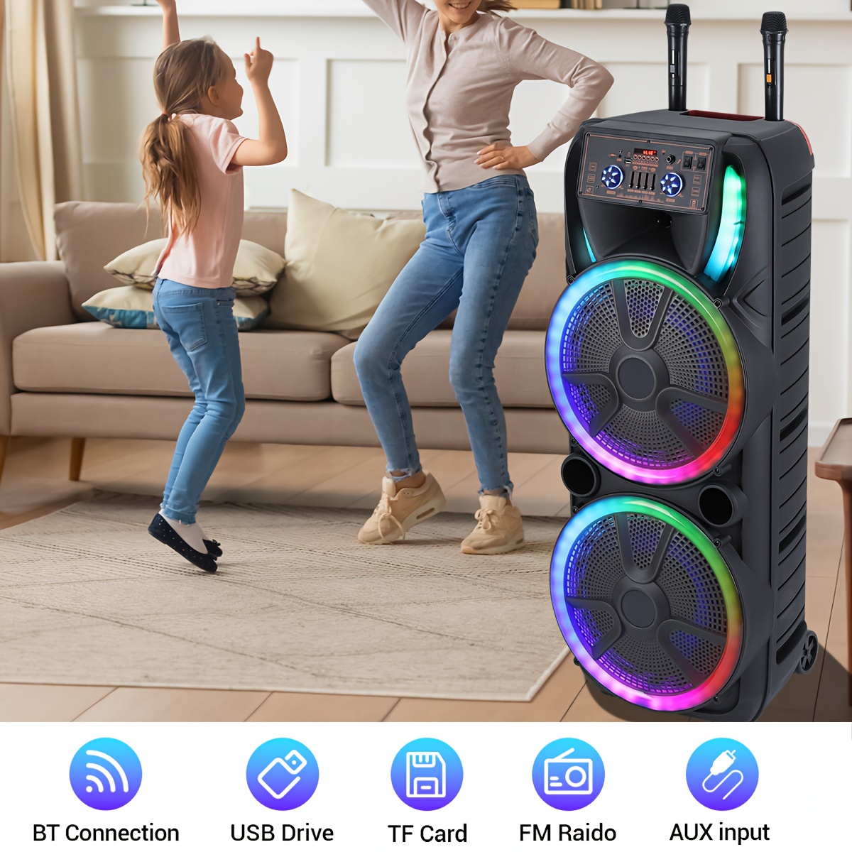 Sistema de altavoces PA portátil con Bluetooth, alta potencia, doble woofer de 15" y tweeter de 1.5"; inalámbrico y recargable, incluye dos micrófonos inalámbricos, control remoto, luces LED de fiesta multicolor y sonido estéreo (SoundBox DJ).