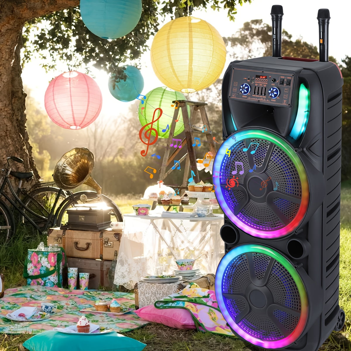 Sistema de altavoces PA portátil con Bluetooth, alta potencia, doble woofer de 15" y tweeter de 1.5"; inalámbrico y recargable, incluye dos micrófonos inalámbricos, control remoto, luces LED de fiesta multicolor y sonido estéreo (SoundBox DJ).