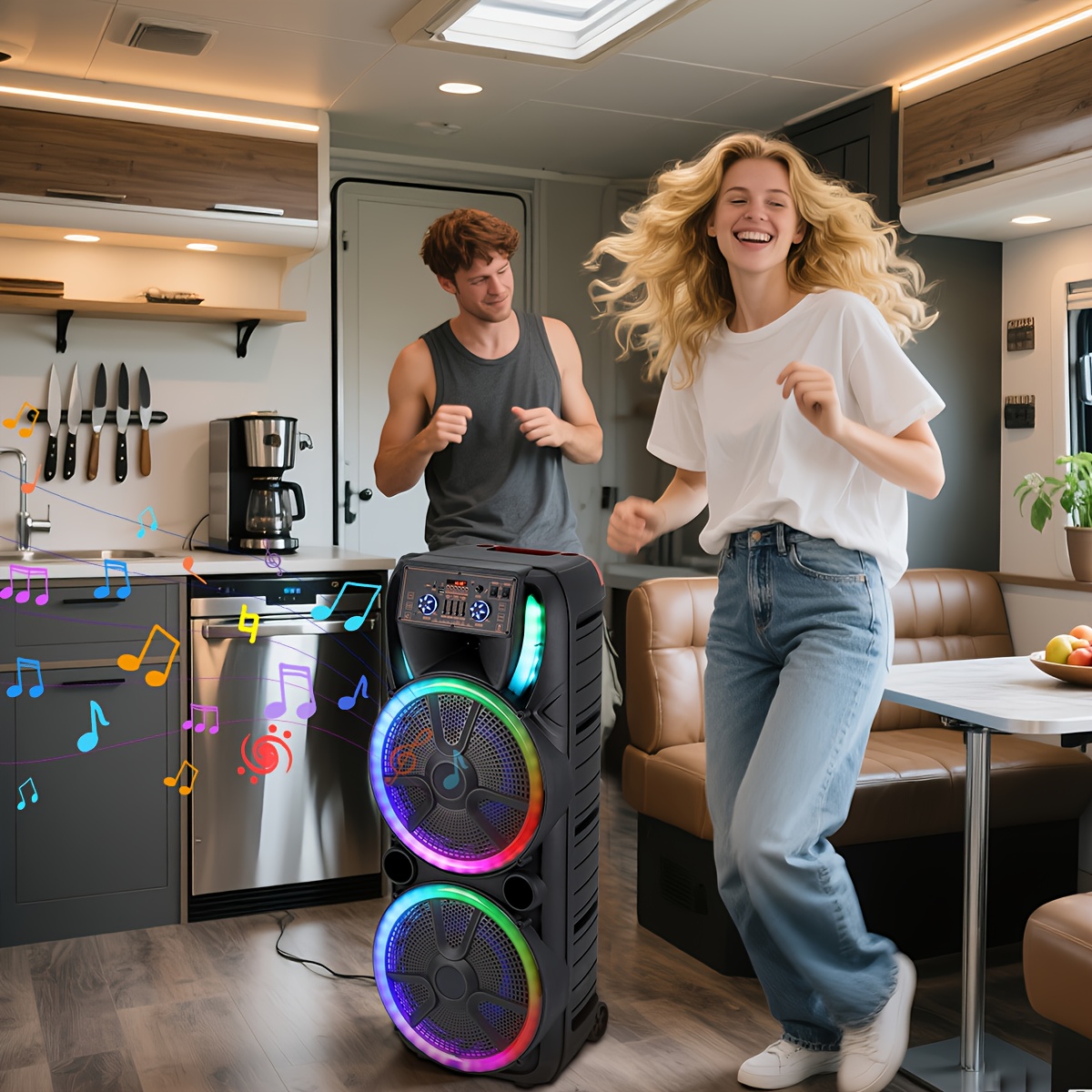 Sistema de altavoces PA portátil con Bluetooth, alta potencia, doble woofer de 15" y tweeter de 1.5"; inalámbrico y recargable, incluye dos micrófonos inalámbricos, control remoto, luces LED de fiesta multicolor y sonido estéreo (SoundBox DJ).