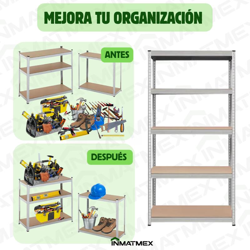 Rack Organizador INMATMEX de 5 Niveles, Ajustable y Modular, Metal Cromado y MDF, Capacidad de 180 kg